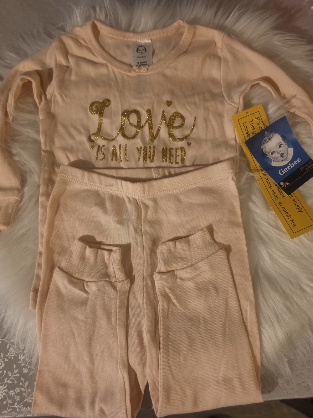 Gerber Peach Pink Girls Two-Piece Pajama Set with Gold Glitter 'Love'